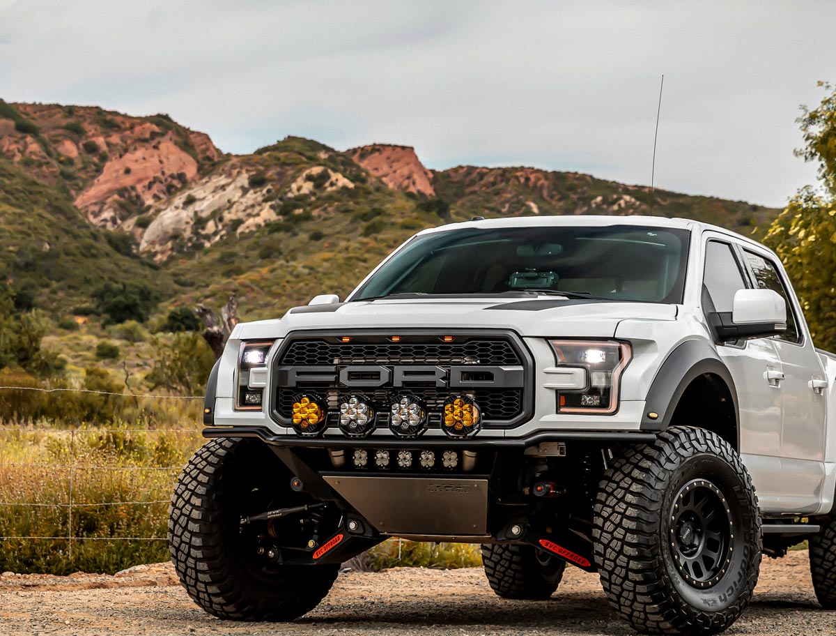 Baja Design Ford F150 with light kit installed in front of mountains
