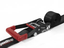 Black tie-down strap with a red ratchet mechanism closed