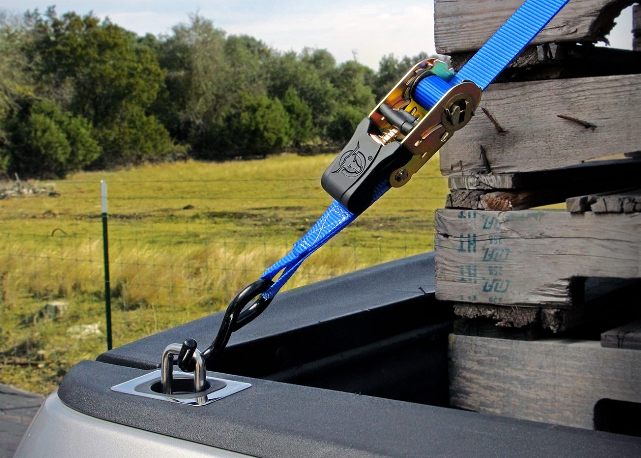 Raised Fit Retractable Tie Down Anchor with Tied Down Cargo in Truck Bed